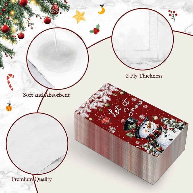 100 Pcs Christmas Paper Napkins 2 Ply Snowman Disposable Hand Towels for Bathroom Kitchen Snowman Guest Napkins for Christmas Winter Holiday Party Supplies