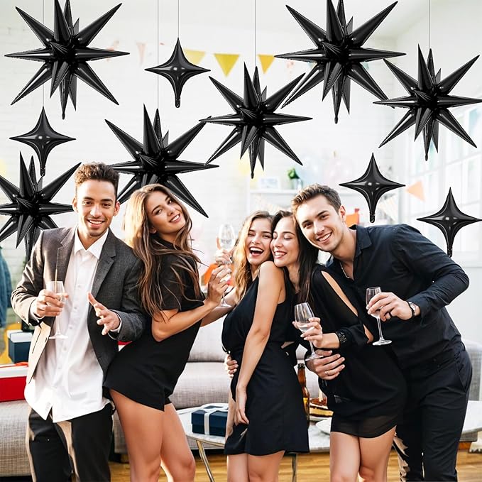 18 Pcs Black Star Balloons, Black Balloon with 6 Pcs 22-Inch Explosion Star Balloons 12Pcs 10-Inch Four Pointed Stars Foil Balloon for Anniversary Retirement Disco Birthday Party Decorations