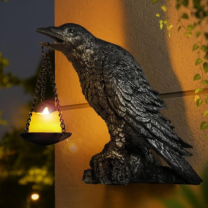Halloween Decorations Outdoor Indoor Gothic Crow Wall Decor Table Candle Holder Raven Tealight Statue for Yard Patio Garden Bedroom Black