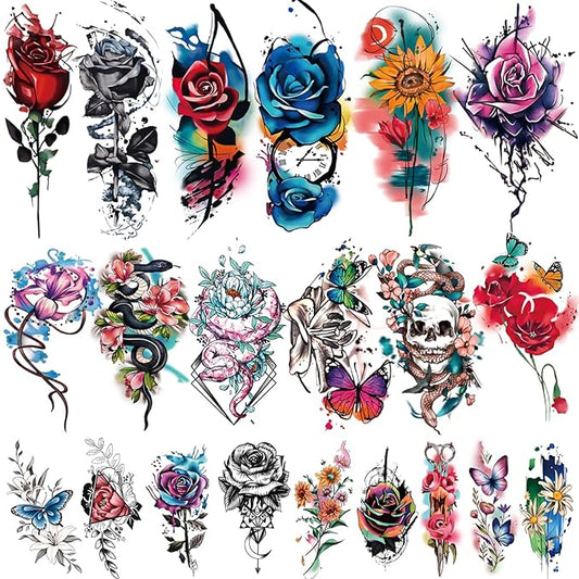 77 Sheets Temporary Tattoo, 17 Sheets Half Arm Flower Rose Skull Butterfly Snake Fake Tattoos for Adults, 60 Sheets Tiny Waterproof Temporary Tattoos Body Art Sticker Realistic for Women Girls or Kids