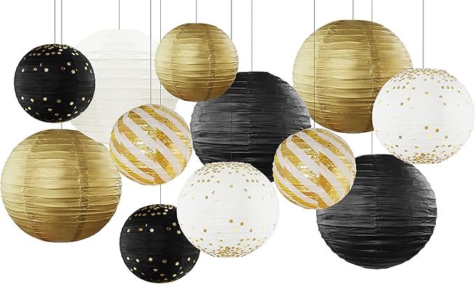 Black and Gold Back to School Decorations Hanging Paper Lanterns 12pcs Paper Lanterns Decorative for Birthday Anniversary Wedding Retirement Party New Years Decorations