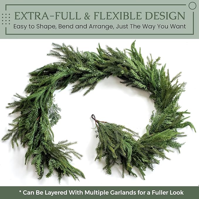 Mixed Norfolk Pine Garland with Evergreen, and Cedar Garland Artificial Realistic Greenery Branches for Decoration, Christmas Garland for Mantle, Premium Real Touch (6 Foot)