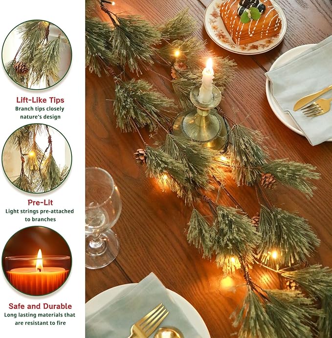 6.4FT Rustic Christmas Garland with Light, Pre-lit Outdoor with Pine Needles Cones for Fireplace Door Porch Mantel Centerpiece Xmas Decoration, Green (Dense Pine Needle)