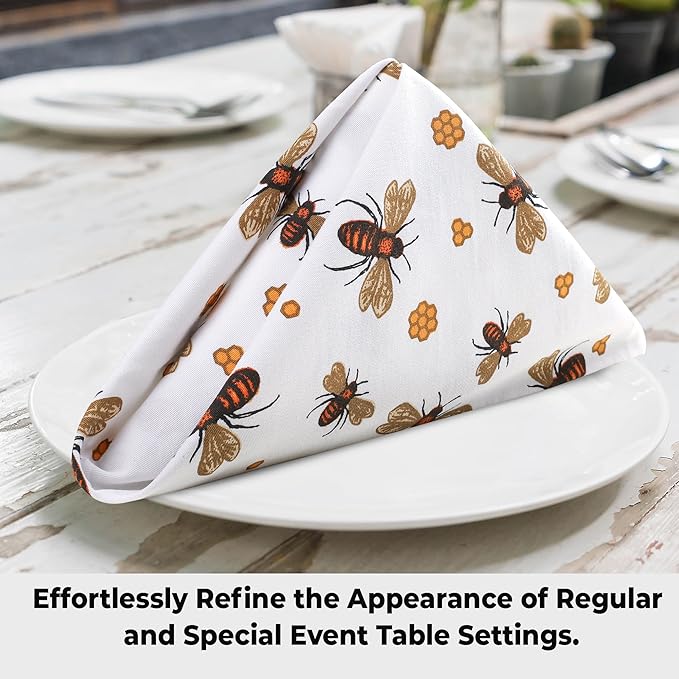 Urban Villa Dinner Napkins Honey Bee Print Cloth Napkins (Set of 12) Oversized 20x20 Inches 100% Cotton Premium Quality Soft Durable with Mitered Corners Reusable Washable Everyday Use Parties Napkins