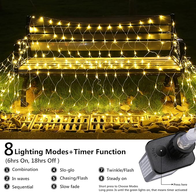 11.5ft x 5ft Christmas Net Lights Outdoor, 360 LED Net Lights with 8 Modes, Connectable, Timer, Waterproof Low Voltage Bush Mesh Fairy String Light for Yard Bush Christmas Indoor Decor (Warm White)