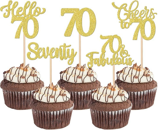 30PCS Happy 70th Birthday Cupcake Toppers Glitter Hello 70 Fabulous Seventy Cheers to 70 Years Old Birthday Cupcake Picks for Happy 70th Birthday Anniversary Party Cake Decorations Supplies Gold