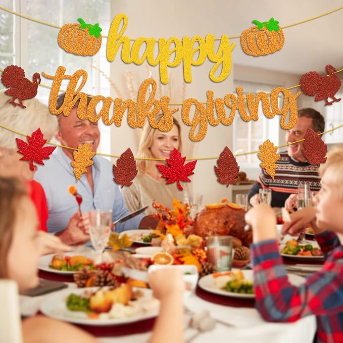 Happy Thanks Giving Banner Fall Leaves Garland Thanksgiving Day Autumn Turkey Theme for Happy Thanksgiving Party Glitter Gold Decoration