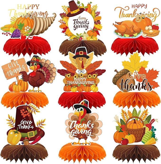 9PCS Thanksgiving Honeycomb Centerpiece Turkey Pumpkin Maple Leaves Honeycomb Thanksgiving Table Centerpiece for Thanksgiving Table Decoration Fall Autumn Theme Birthday Party Supplies