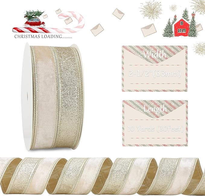 Champagne Velvet and Glitter Wired Christmas Ribbon 2.5 Inch – 10-Yards Roll for Tree Decorations, Gift Wrapping, Wreaths, and DIY Crafts