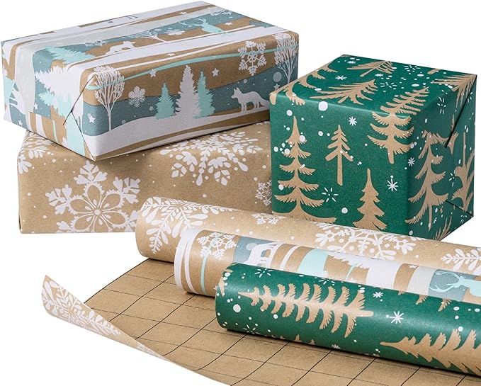 RUSPEPA Christmas Wrapping Paper Rolls with Tags and Jute String - 17 inches x 10 feet per Roll, Total of 3 Rolls