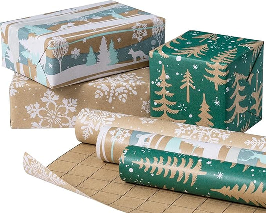 RUSPEPA Christmas Wrapping Paper Rolls with Tags and Jute String - 17 inches x 10 feet per Roll, Total of 3 Rolls