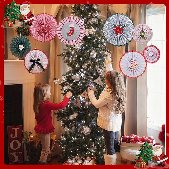 Christmas Paper Fans, 11 Pcs Hanging Xmas Paper Decorations, Hanging Xmas Decorations in Green, Red and White Holiday Party Decorations