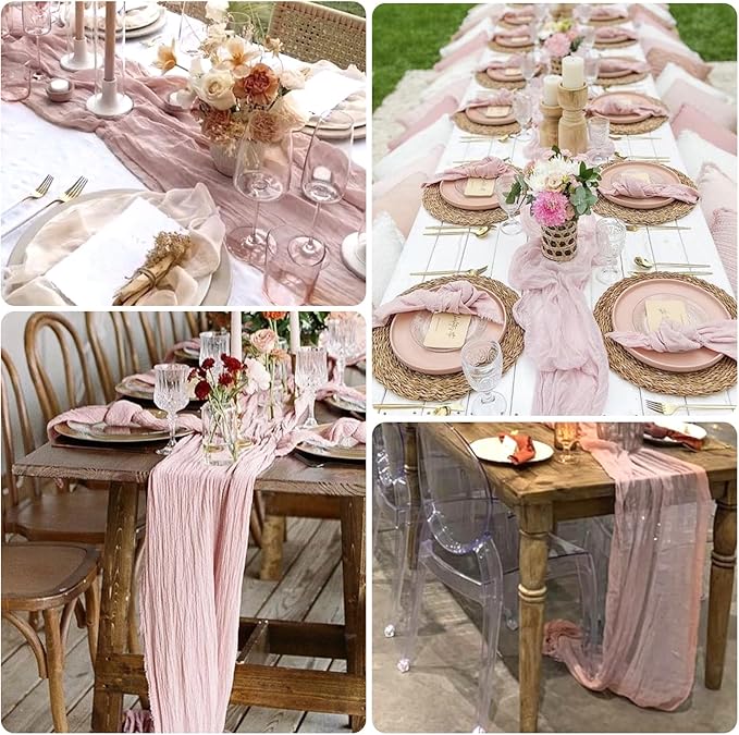 6 Pack Dusty Pink Cheesecloth Table Runner 10FT Boho Gauze Fabric Table Runner 35 x 120 Inch Rustic Sheer Runner for Centerpiece Wedding Birthday Baby Shower Party Boho Table Decoration
