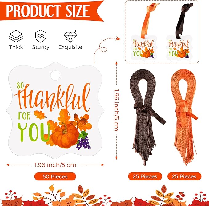 50 Pieces Thanksgiving Paper Tags Thank You Favor Tags Happy Thanksgiving Hanging Labels Decorative Fall Paper Tag with Rope for Autumn Party Favors(Pumpkin)