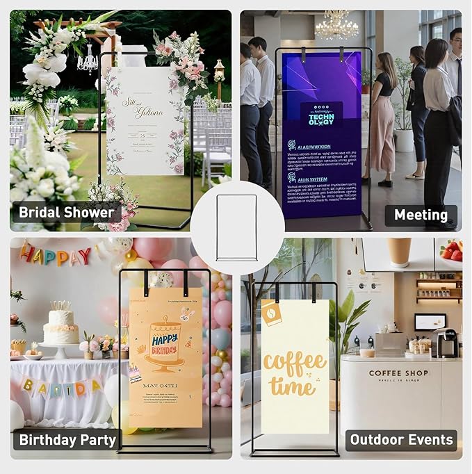 Adjustable Wedding Sign Stand, Wedding Welcome Sign Holder with Leather Sign Hanging Straps, Easel Stand for Sign Display Reception, Party Decor, Portable Sign Holder for Wedding & Baby Showers (Black)