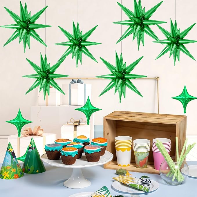 18 Pcs Green Star Balloons, Green Balloon with 6 Pcs 22-Inch Explosion Star Balloons 12Pcs 10-Inch Four Pointed Stars Foil Balloon for Jungle Safari Theme Football Birthday Party Decorations