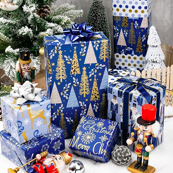 MAYPLUSS Nutcracker Christmas Gift Wrapping Paper - 17 In x 120 In Per Roll - Reversible Magic Navy Nutcracker, Midnight Snowflake, Tree Design Seasonal Gift Wrap Paper for Holiday, Christmas Ornament