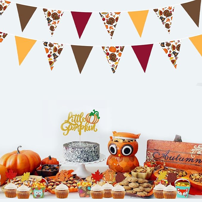 32Ft Thanksgiving Party Decorations Burgundy Brown Fall Banner Fabric Triangle Flag Pennant Garland Streamers for Happy Fall Thanksgiving Day Harvest Autumn Birthday Baby Shower Outdoor Garden Decor