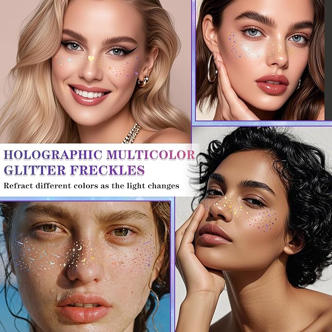 10PCS Holographic Multicolor Glitter Freckles Face Tattoos, Sparkle Freckles Makeup Patches, Long Lasting Waterproof Face Glitter Temporary Tattoos