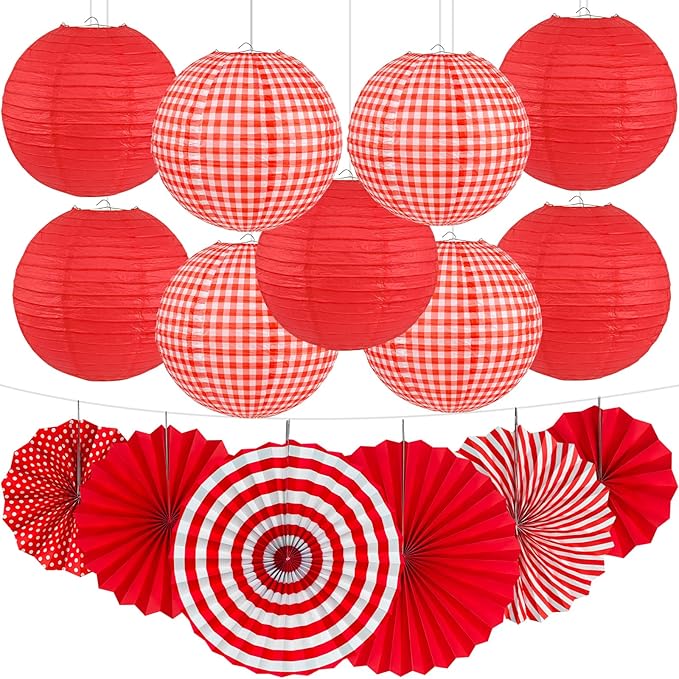15Pcs Red Party Decorations Supplies Set, Hanging Red Paper Lanterns Paper Fans for Home Decor Birthday Wedding Graduation Picnic BBQ Baby Shower Pizza Party