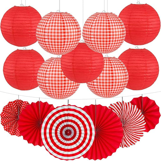 15Pcs Red Party Decorations Supplies Set, Hanging Red Paper Lanterns Paper Fans for Home Decor Birthday Wedding Graduation Picnic BBQ Baby Shower Pizza Party