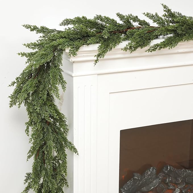 Dingion 1 PCS 9 ft Christmas Cedar Garland - Artificial Realistic Decorations Cedar Pine Needles Faux Garland for Seasonal Holiday Decor - Suitable for Table, Mantel, Stair
