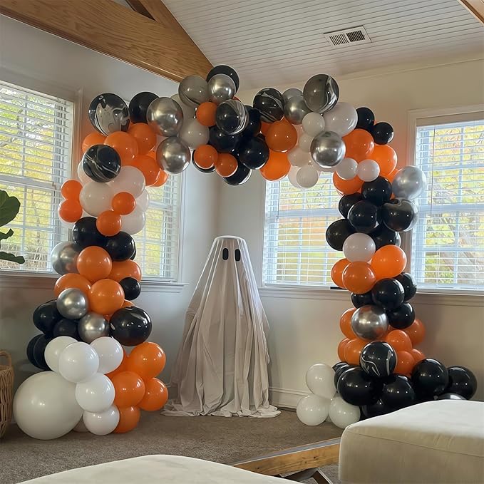 Black Orange and Silver Balloon Garland Arch Kit, Black Orange White Metallic Silver with Agate Balloon Arch Kit for Kids Halloween Theme Birthday Graduation Party Decorations Supplies