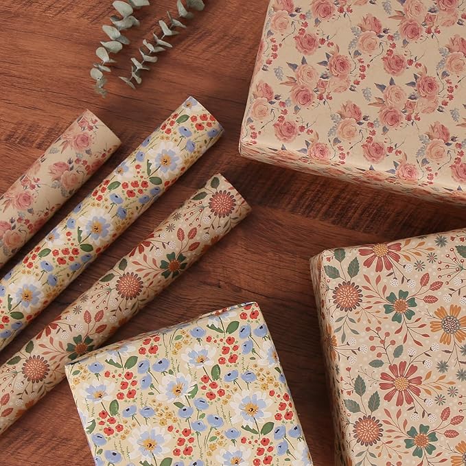 Aimyoo Kraft Floral Wrapping Paper Bundle, Vintage Spring Flowers Rose Gift Wrap Paper for Wedding Bridal Shower Birthday, 3 Rolls 17 in x 10 ft per Roll