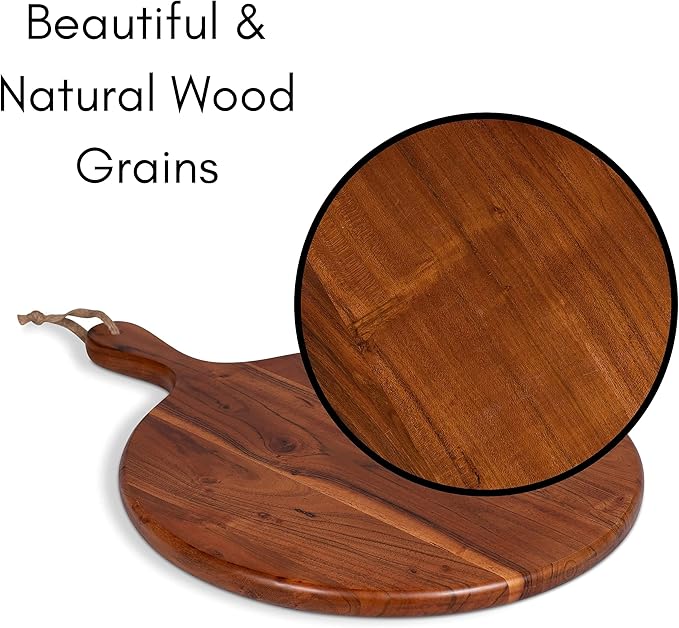 BIRDROCK HOME Acacia Wooden Cheese Serving Board with Handle - Charcuterie, Appetizers, Kitchen Platter, Grazing Board, Pizza, Meat, Bread, Cutting, Party, Food Display Tray - Espresso, 15", Round