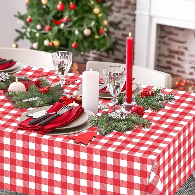 WNINK 3 Pack Red Gingham Tablecloth Rectangular Red and White Checkered Tablecloths Disposable Plastic Red Plaid Table Cover for Parties, Christmas, Outdoor Picnic, Birthday, Wedding, Camping 54 × 108