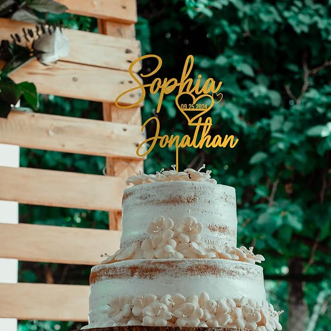 Noni Luxury Personalized Wedding Cake Topper with date and heart, Custom Couples Script Cake Topper for Weddings, Mr and Mrs Cake Toppers for Wedding, Custom Cake topper, Rustic Cake Topper