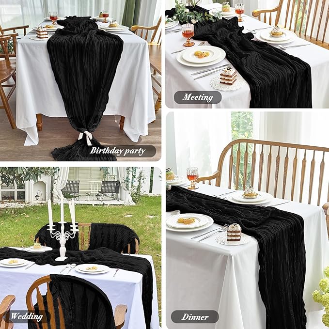 IVAPUPU 2 Pcs Cheesecloth Halloween Table Runner - 10ft Black Boho Gauze Black Cheese Cloth Table Runners for Halloween Decor Indoor Baby Shower Decoration Wedding Party Summer Garden Farmhouse