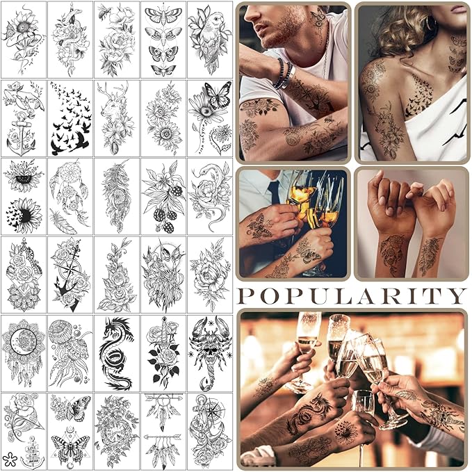 Yazhiji 70sheets Waterproof Temporary Tattoo for Girls or Boys Kids 10sheets Larger Half Arm Snake Sunflower Peony Fake Tattoos for Men or Women And 60 sheets Tiny Butterfly Feather Tat Sticker