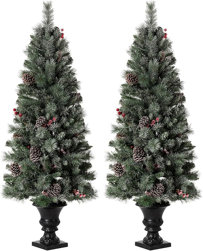 Glitzhome 5ft Prelit Christmas Tree Set of 2, Artificial Flocked Christmas Porch Tree with Lights, 372 PVC & Pine Needle Tips, Red Berries&Pine Cones, Potted Christmas Tree for Enrance Porch Decor