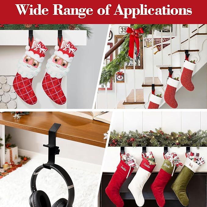 4 Pack Stocking Holders for Mantle for Christmas Decorations,2 in 1 Mantle Garland Holder for Hanging Christmas Stockings,No Drilling Required & Adjustable Garland Hanger, Metal(Black)