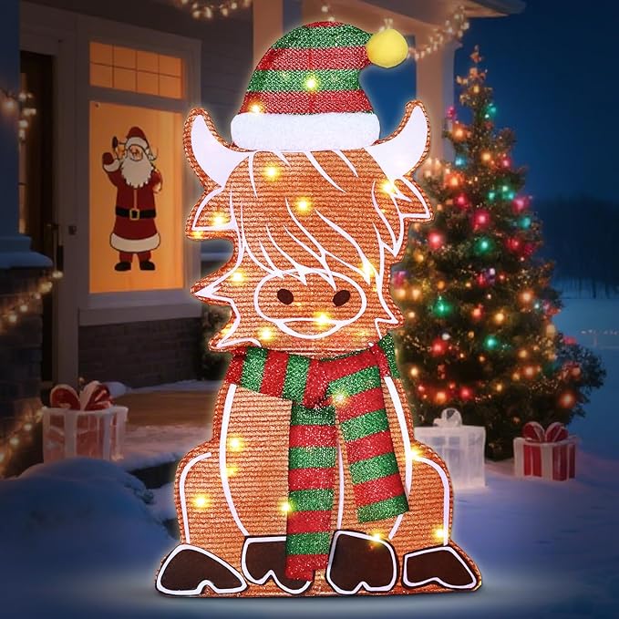 DomKom 28" 2D Flat Lighted Highland Cow Christmas Decor, 2-Piece Pre-Lit LED Scottish Cow with Scarf and Hat Indoor/Outdoor Plug-in Holiday Yard Display