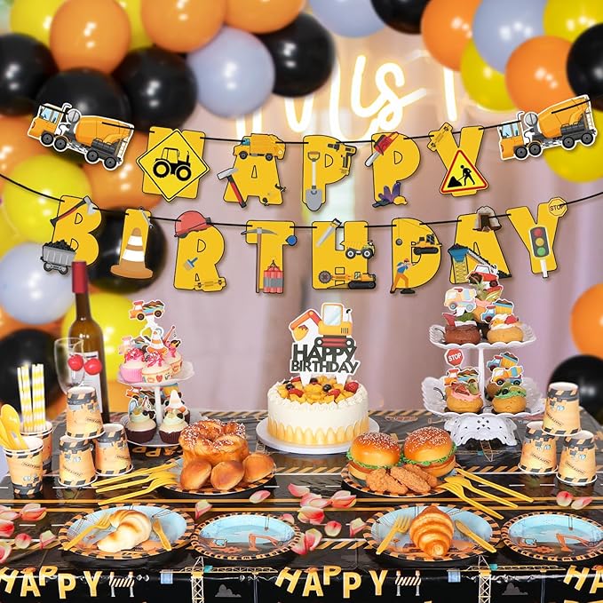 175 PCS Construction Birthday Party Supplies, Construction Party Decorations, Dump Truck Party Decorations Includes Balloons, Backdrop, Banner, Tablecloth, Plates, Napkins, Cake Toppers