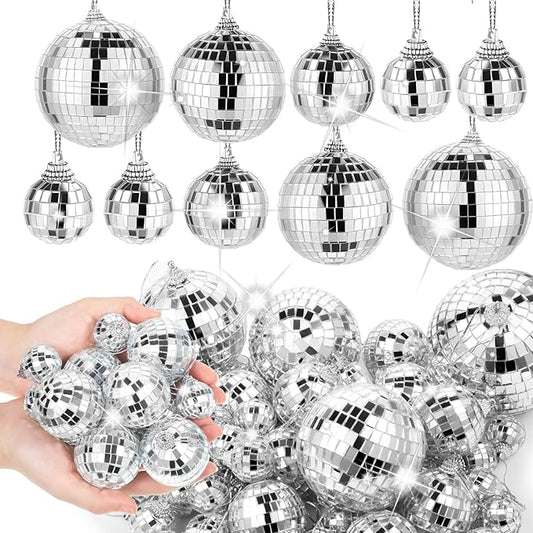 50 Pcs Disco Ball Decor Mirror Silver Disco Balls Hanging Ornaments Mini Disco Cake Topper for Home Wedding Birthday Dance Music 70s Themed Party Christmas Tree Ornaments (1.2'',2'',3.2'',4'')