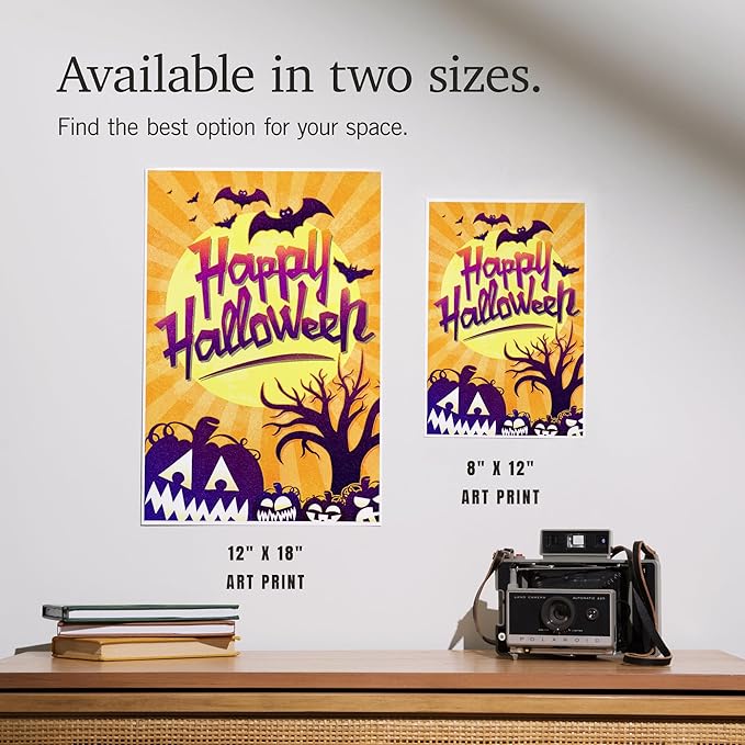 Lantern Press 12x18 Inch Art Print Wall Decor, Happy Halloween, Bats and Pumpkins