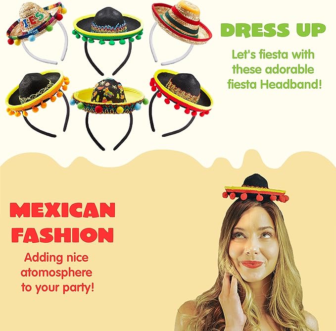 JOYIN 6 PCS Cinco De Mayo Fiesta Fabric and Straw Sombrero Hat Party Costume for Fun Fiesta Headbands Party Supplies, Mexican Theme Decorations, Luau Event Photo Props and Party Favors
