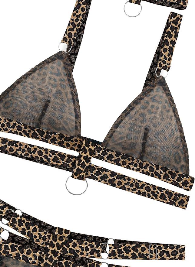 Lilosy Sexy Wireless Choker O Ring Linked Strappy Harness Lingerie Set Outfits 3 Piece