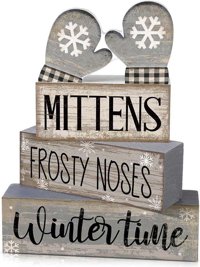 4 Pcs Christmas Table Decorations Wooden Gloves Decor Winter Tiered Tray Decor Rustic Snowflake Block Signs Gift Farmhouse Christmas Centerpiece for Winter Wonderland Party Kitchen Home
