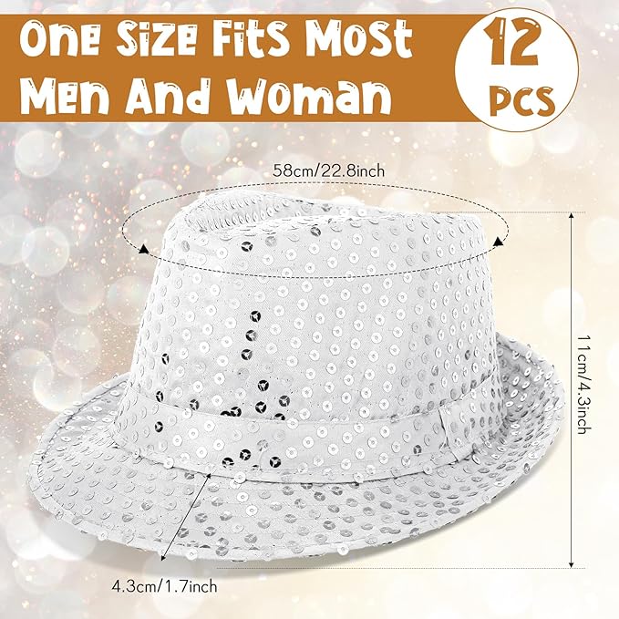 Janmercy 12 Pieces Western Sequin Hat Glitter Solid Color Dance Hat Retro Disco Unisex Costume Cap for Party Props Supplies