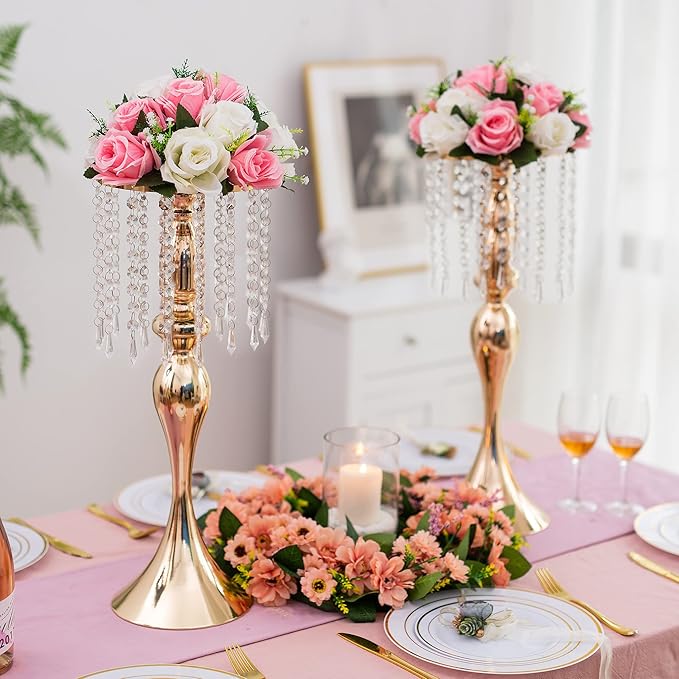 Gold Centerpieces for Table Wedding: 21.3in Crystal Flower Arrangement Stand, Gold Flower Vase, Wedding Centerpieces for Tablesfor Event, Reception, Birthday, Home Decor, 2 Pcs