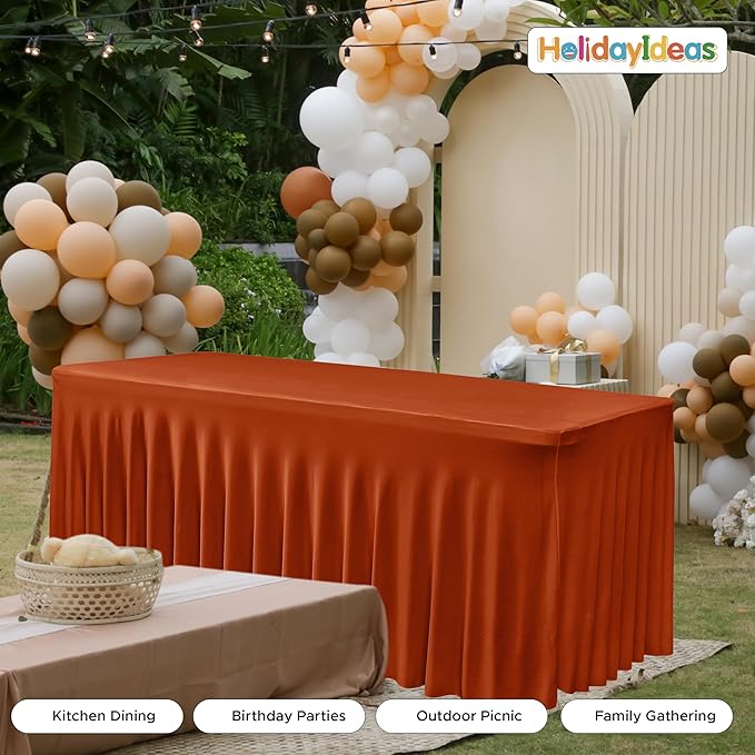 HolidayIdeas 2 Pack Spandex Tablecloths for 8 Foot Table, Fitted Stretch Table Skirts 30x96 Inch, Wrinkle-Free Floor Length Tablecloths for Thanksgiving Decor, Banquets Events,Rust