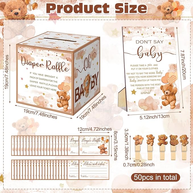 102 Pcs Bear Baby Shower Game Supplies Diaper Raffle Ticket with Diaper Raffle Card Box Don't Say Baby Sign Mini Bear Clothespin Game Decor for Gender Reveal Favor
