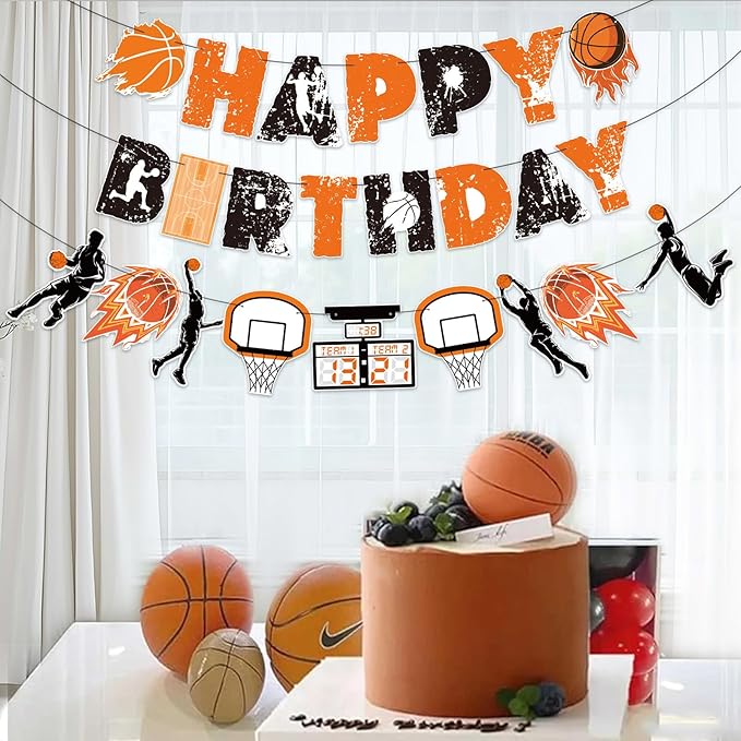 SUNBEAUTY Basketball Happy Birthday Banners，Basketball Themed Party Decorations, Basketball Themed Party Supplies Basketball Slam Dunk Garland Birthday Party Bunting Sign for Kids Teenagers Boys Men