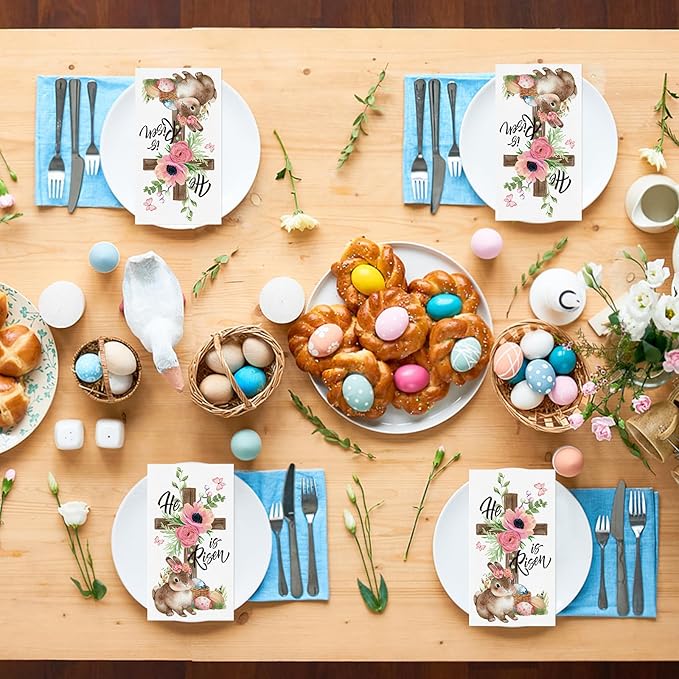 100Pcs He is Risen Napkins Disposable Easter Paper Napkins, Religious Bunny Cross Egg Flowers Spring Guest Napkins Hand Towels for Easter Decorative Dinner Kitchen Bathroom Home Party Supplies