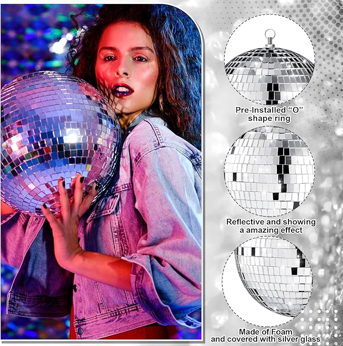 Haull 8 Pcs Large Disco Ball Set Silver Mirror Disco Reflective Ball with Hanging Ring Party Ornament Decoration for Stage Club Ballroom Dance Hall Wedding Prom Props(8'', 6'')