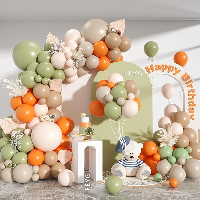 Dusty Green Orange Balloon Arch, Double Stuffed Blush Brown Cream Nude Balloon Garland Sage Green Sand White Orange Balloons for Neutral Baby Shower Wedding Birthday Gender Reveal Party Decoration